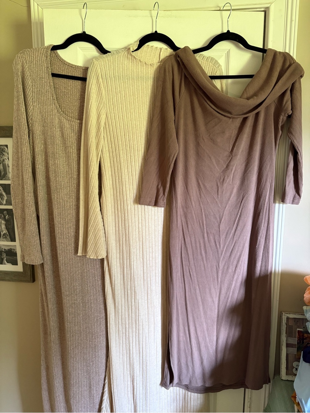 Women’s maternity Ribbed Knit Sweater Dress Trio- Cream and Taupe